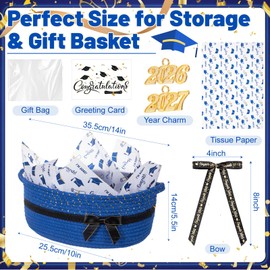 Colingmill Gift Basket for Graduation, Empty Woven Basket with Gift Bag Bow and Tissue Paper, Decorative Rope Baskets for 2026 Grad Keepsake Gifts, 14"x 10"x 5.5"(Royal Blue)