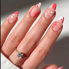 evpct French Press on Nails Almond Medium, Nude + Red Tip French Press on Fake Nails with Floral Designs Reusable Stick on Nails for Gift, Soft Gel Press Glue On Nail Supremely Fit Full Cover 24Pcs