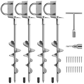 Phopich Multi-Purpose Ground Anchors Screw in, 16in 4Pack Fully Welded Heavy Duty Trampoline Stakes with Brackets, T-Wrench and Adapter for Drill, Earth Anchor kit for Mobile Home, Trampoline, Shed