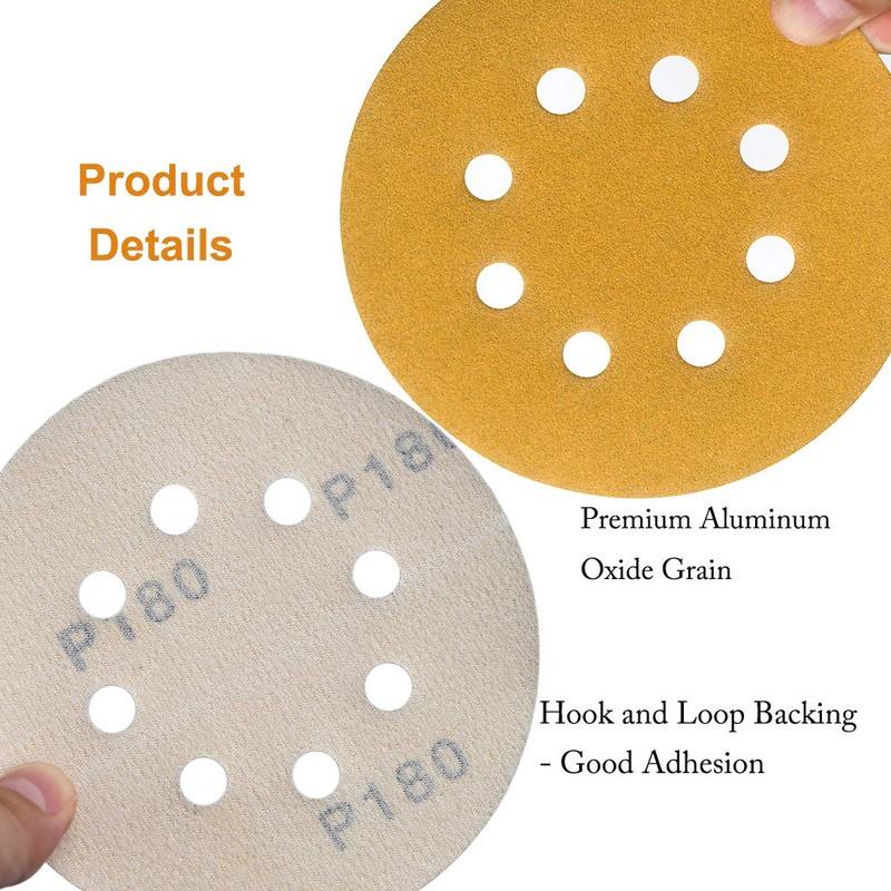 Aiyard 5-Inch 8-Hole Hook and Loop Sanding Discs 180 Grit