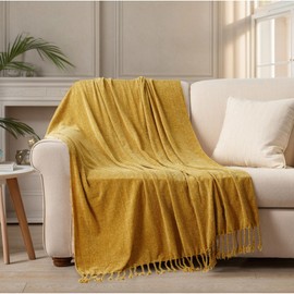 BATTILO HOME Chenille Throw Blanket for Couch, Soft Warm Cozy Knitted Throw Blanket with Tassels, Lightweight Chenille Knit Throw Blanket Suitable All Season(50"x60",Mustard)