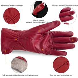 ZLUXURQ Women's Soft Real Lambskin Leather Touchscreen Winter Driving Gloves Cashmere or Wool Lined, red