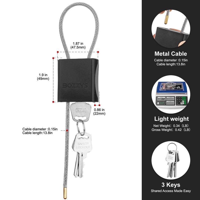 BOZZYS Adjustable Cable Padlock with 3 Keys | 1.15ft L