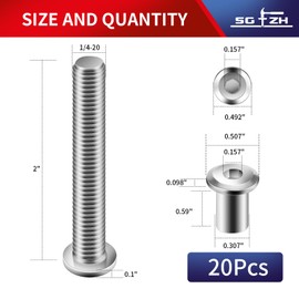 1/4-20 x 2 Inch 20Pcs Flat Head Hex Socket Cap Screws Bolts Barrel Nuts Kit, 304 Stainless Steel 18-8, Full Thread by SG TZH (with Hex Spanner)