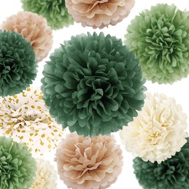 AOBKIAT Wedding Party Decorations Kit,15PCS Green Tissue Paper Pom Poms,Dots Paper Garland String Hanging Backdrop for Engagement,Rustic Wedding,Neutral Baby Shower