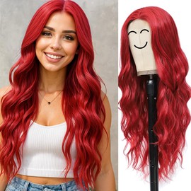 Long Red Wig for Women Natural Looking Wavy Curly Synthetic Hair Red Wig Tangle Free Heat Resistant Comfortable for Daily Wear