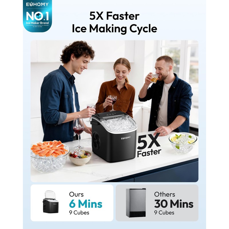 EUHOMY Countertop Ice Maker Machine with Handle, 26.2lbs Per Day,