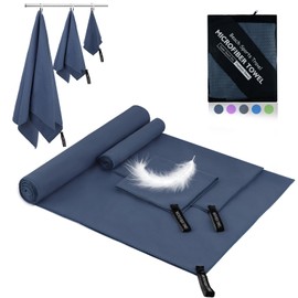 Neerow Microfibre Towel Set of 3 (152 x 76 cm Large Bath Towel + 80 x 40 cm Small Fitness Towel + 30 x 30 cm Towel), Colourfast Microfibre Towels, Sports Towel, Quick-Drying Towel (Navy)