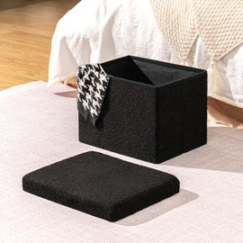 B FSOBEIIALEO Storage Ottoman Cube Small Sherpa Ottoman Foot Rest, Foldable Portable Boucle Ottomans, Faux Teddy Fur, Black 16.5"x12.6"x12.6"