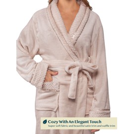 PAVILIA Soft Plush Women Fleece Robe, Taupe Light Brown Cozy Bathrobe, Female Long Spa Robe, Warm Housecoat, Satin Waffle Trim, L/XL