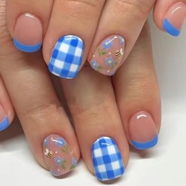 French Press on Nails Short Square Fake Nails Spring Flower Stick on Nails Chessboard Pattern Glue on Nails with Bee Design Blue Acrylic False Nails Full Cover Artificial Nails for Women Girl 24Pcs