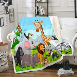 Feelyou Kids Sherpa Blanket Cartoon Lion Elephant Giraffe Printed Fleece Throw Blanket Child Boys Girls Lovely Animal Plush Blanket Safari Zoo Fuzzy Blanket for Sofa Bed Couch 60" x 80"