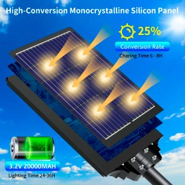 Solar Street Light Outdoor High Output LED Large Battery 20000mAh Capacity US Inventory for Parking Areas Public Private UseEmitting Color: White, Lamp Power(W): BM1200, Battery Capacity: 20000mAh