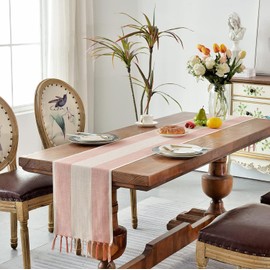 KKTECH Cotton Linen Table Runner, Hand-Tassels for Dining Table, Elegant Table Runners for Holiday Parties, Christmas Table Runners, Perfect for Dining Room Decor (180cm) (Red)