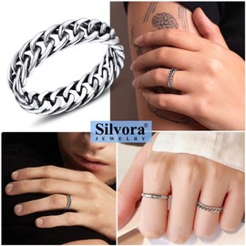 Silver Chain Rings, Males Jewelry Vintage Stacked Band 925 Sterling Silver Promise Ring, 5mm Silver Sturdy Rings for Husband Dad Size 10