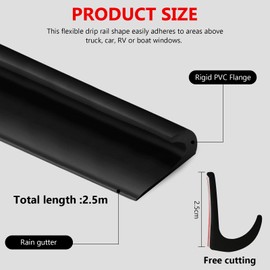 MeYuxg RV Rain Gutters Rubber Drip Strip PVC Rain Strip J Shape Roof Rain Diversion Roof Rain Diversion Strip for Vehicle Truck RV Boat Car Van Door RV (2.5m, Black)