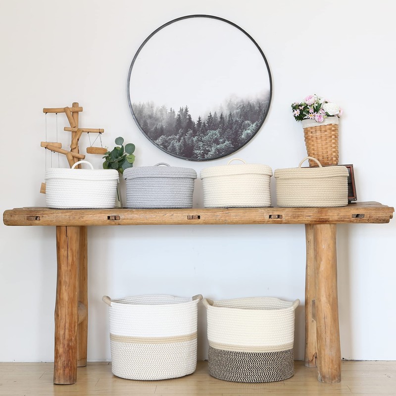 Sea Team Round Cotton Rope Storage Basket with Lid, Lidded