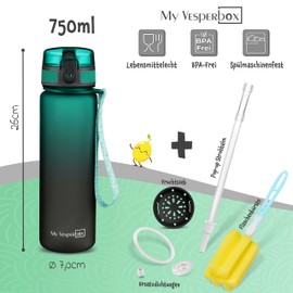 My Vesperbox Minny Children's Leak-Proof Water Bottle, with Straw or Strainer, 350 ml, 500 ml, 750 ml, BPA-Free, for Nursery, School, Grey-Black, 750 ml