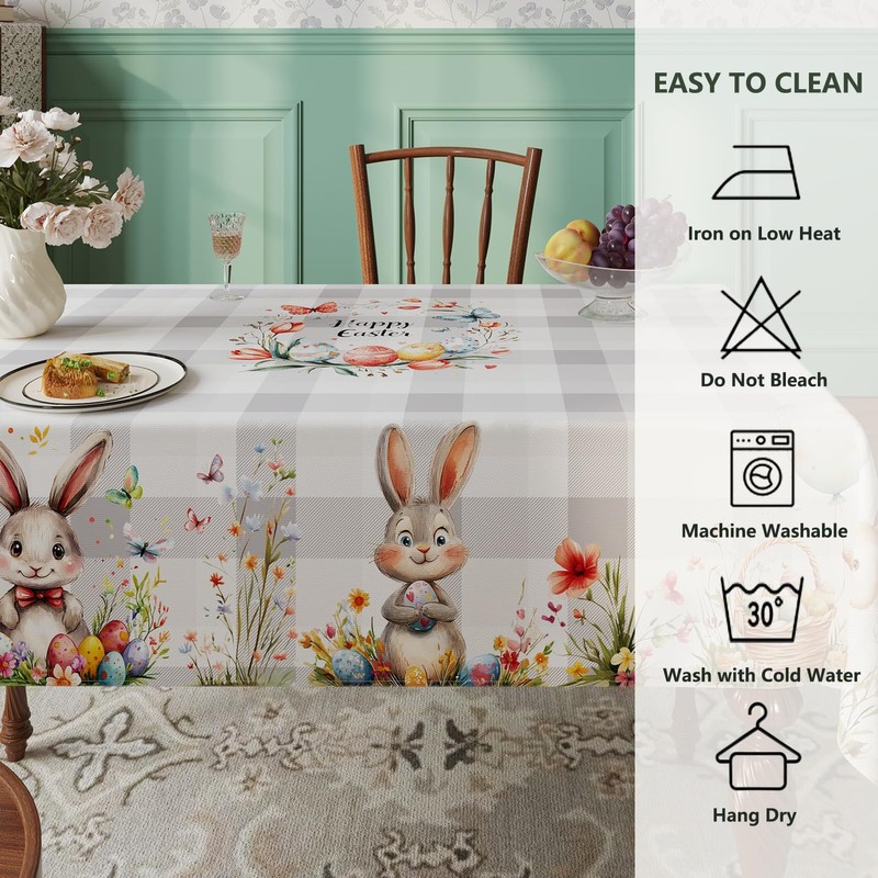 Esmorah Easter Tablecloth Rectangle 60x102 Inch, Grey Plaid Bunny Happy