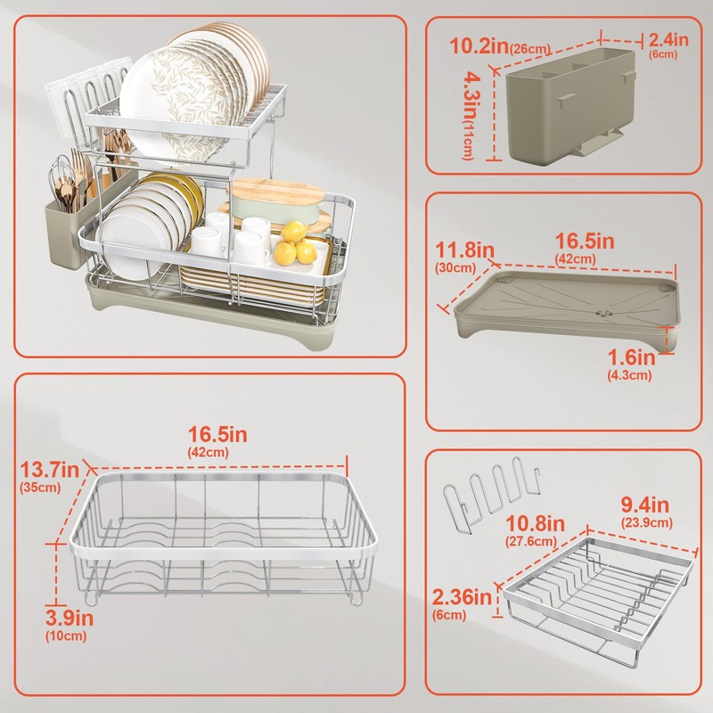 HOMEAILIE 2-Tier Dish Drying Rack for Kitchen Counter, 304 Stainless
