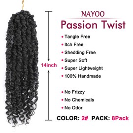 NAYOO Passion Twist Hair - 8 Packs 14 Inch Passion Twist Crochet Hair For Women, Crochet Pretwisted Curly Hair Passion Twists Synthetic Braiding Hair Extensions (14 Inch 8 Packs, 2)