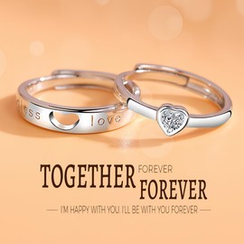 OQKAHIV Pack of 2 Silver Ring Women's Adjustable Heart Ring Stacking Thumb Ring Wedding Rings Silver Engagement Ring Promise Ring for Women Couple Ring Jewellery