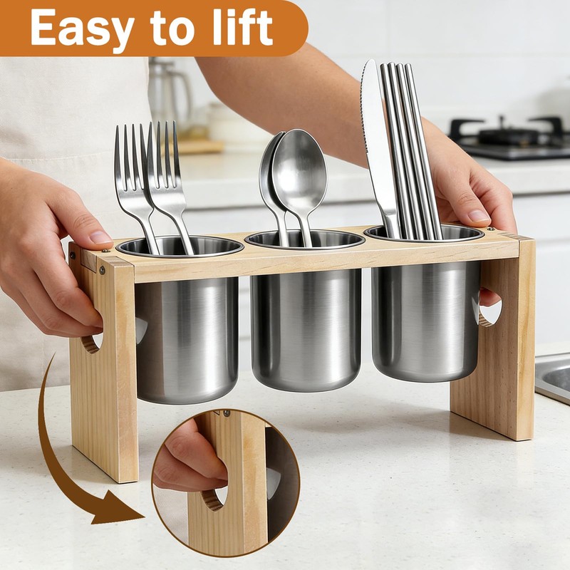 EcoDuck 3 Pack Utensil Holder, Stainless Steel Organizer with Wood