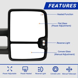 Towing Mirrors A Pair for 2007-2014 Chevy Silverado/GMC Sierra, Electric Adjustable Glass, Power Heated, Telescopic & Folding, Amber Turn Signal, Position Lamp, ABS Electroplate