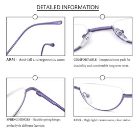 REAVEE 2 Pack Retro Designer Half Frame Reading Glasses Women Men Spring Hinge Half Moon Readers Stylish Slim Eyeglasses with Pouch,Pink and Purple 2.5