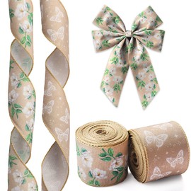 Hying 2 Rolls Spring Flower Ribbons for Wreath Bows Wrapping Gifts, Burlap Floral Butterfly Ribbon for Gift Wrapping Birthday Party Decoration DIY, 2.5" X 10 Yards Vintage Magnolia Wired Edge Ribbon
