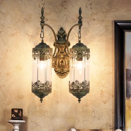 RONGHUAFUGUI Rustic Glass Wall Sconce Vintage 2-Lights Antique Gothic Wall Light Fixture Retro Farmhouse Mid Centry Lantern Wall Sconce for Bedroom, Living Room, Mirror, Brush Gold, E12