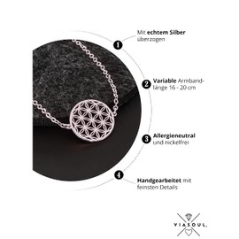 VIASOUL® Flower of Life Bracelet, Flower of Life Bracelet for Women, Flower of Life Pendant, 585 Gold Plated, The Original Flower Bracelet, Silver Metal