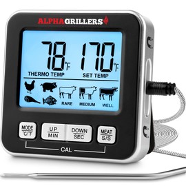 Alpha Grillers Meat Thermometer Digital - Kitchen Oven Thermometer for Cooking Food, Grilling, BBQ Smoker - 7 Preset Temperature Alerts, Timer, Alarm, & Stainless Steel Temperature Probe