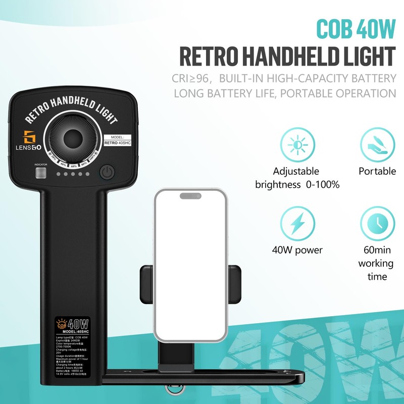 LENSGO 40SHC Retro Video Light with Phone/Camera Stand, Rechargeable 40W