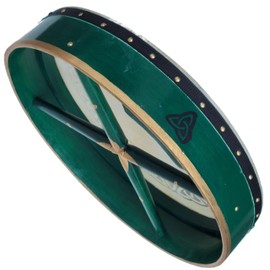 DEURA GREEN BODHRAN DRUM Irish Celtic 18 Inch Free CASE and 2 Tipper, Celtic Circle Design on Head and Wooden Body.