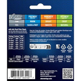 Elixir® Strings 16540 - Cuerdas para guitarra eléctrica con revestimiento NANOWEB®, paquete de 3, súper ligeras (.009-.042)
