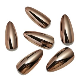 Bronze Chrome Press On Nails Almond Medium, 24Pcs Fake Nails Chrome Mirror Glossy Solid Bronze Color, Nail File And Adhesive Tabs Included, Stick Glue On Nails for Women Girls