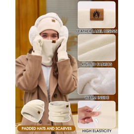 PASUDA Knitted Hat and Scarf Set 5 PCS Winter Warm Sets Fleece Lined Beanie Hat Touch Screen Gloves Plush Ear Warmers Neck Warmer Thermal Socks Set for Girls Ladies Sports Skiing Outdoor (Beige)