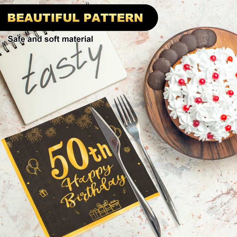 ZOCONE 60 Pcs 50th Birthday Napkins Black and Gold 50th