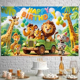 Animals Birthday Party Backdrop Banner, 3D Cartoon Design, Jungle Theme Decoration 180cm*115cm