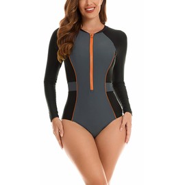 LafyKoly Women's One Piece Rash Guard Swimwear Long Sleeve Zipper UV Protection Swimsuit Surfing Bathing Suits