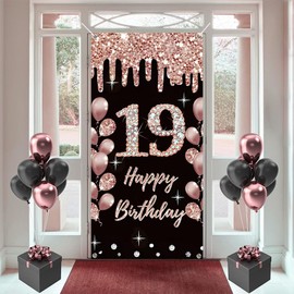 19th Birthday Decoration for Girls Happy 19th Birthday Poster Door Banner Black and Rose Fabric Sign Wall/Door Banner 19th Birthday Background Banner Girls Birthday Party Welcome Sign