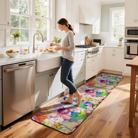2-Piece Kitchen Mat Set - Premium Linen Fabric Top with Anti-Slip Plastic Backing, Colorful Floral Design, 17x30 + 17x47, Perfect for Home Décor and Comfort