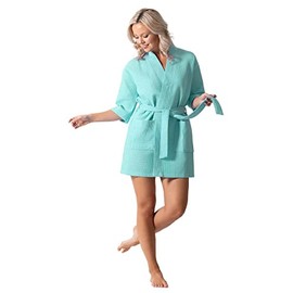 Turkish Linen - Bata corta ligera de punto gofre, spa y damas de honor para mujer, secado rápido y suave, Turquesa claro , XXL