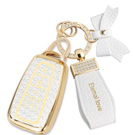 Simocky Key Fob Cover with Diamond Keychain Car Key Shell Compatible with Toyota Highlander RAV4 Camry Avalon C-HR Corolla GT86 2018-2024 Full Cover Protector for Women (4 Buttons-Gold Bowknot)