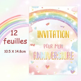 BETESSIN Pack of 12 French Invitations for Birthday Rainbow Cards Birthday Invitations