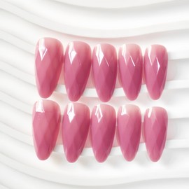 Press on Nail Medium Almond Fake Nails with Rhombus Shape Nude Dark Pink Designs Full Cover Stick on Nails for Women Manicure Decor 24 Pcs (P-2, M-2)