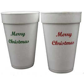 Concession Essentials 16 oz White Foam Cups with Merry Christmas Custom Print in Red and Green, Disposable Foam Drink Cups for Hot/Cold (Pack of 13 red Print and 13 Green Print) Pack of 26 Foam Cups