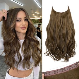 SARLA Invisible Wire Hair Extensions with 3 Clips Long 18 Inch Synthetic Wavy Curly Hairpiece for Women Adjustable Transparent Headband Coffee Brown