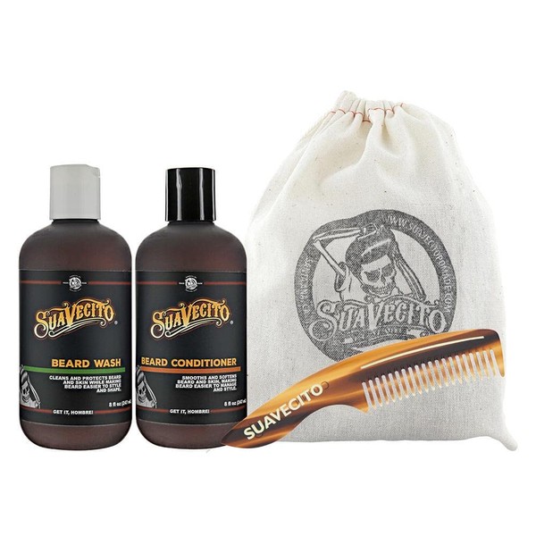 Suavecito Beard Wash Kit Men's Grooming & Cleansing Avocado Oil Shea Butter Olive Oil Nourishing Wash, Conditioner, Comb, Travel Bag